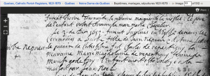 Babe Nepveu's 1653 baptism at Notre Dame de Quebec. Screenshot of familysearch.org record