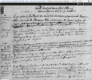 Suzanne Nepveu and others' baptisms at Mission St. Joseph de Sillery. Screenshot of familysearch.org record