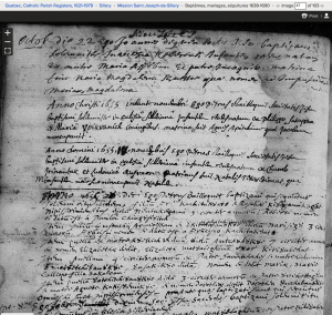1655 native baptisms at Mission St. Joseph de Sillery.  Screenshot of familysearch.org record